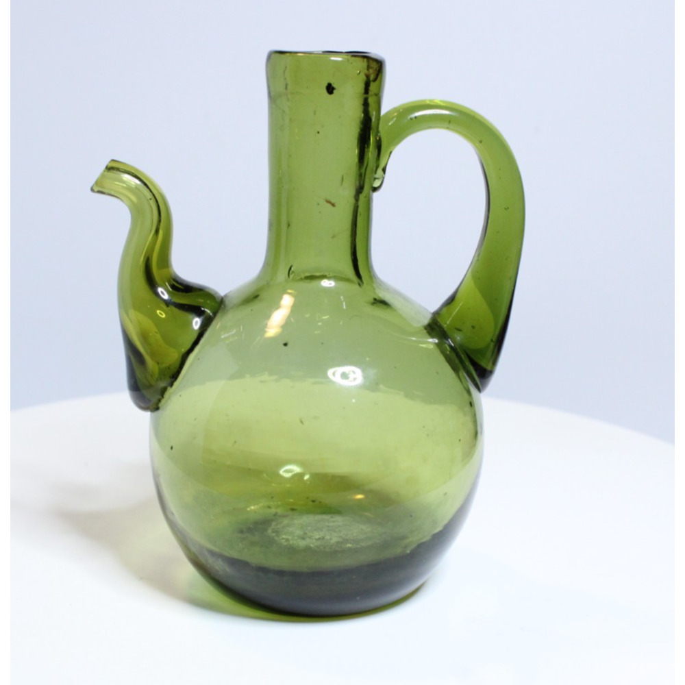 Vintage Hand Blown Green Glass Oil Vinegar Cruet Pitcher Small